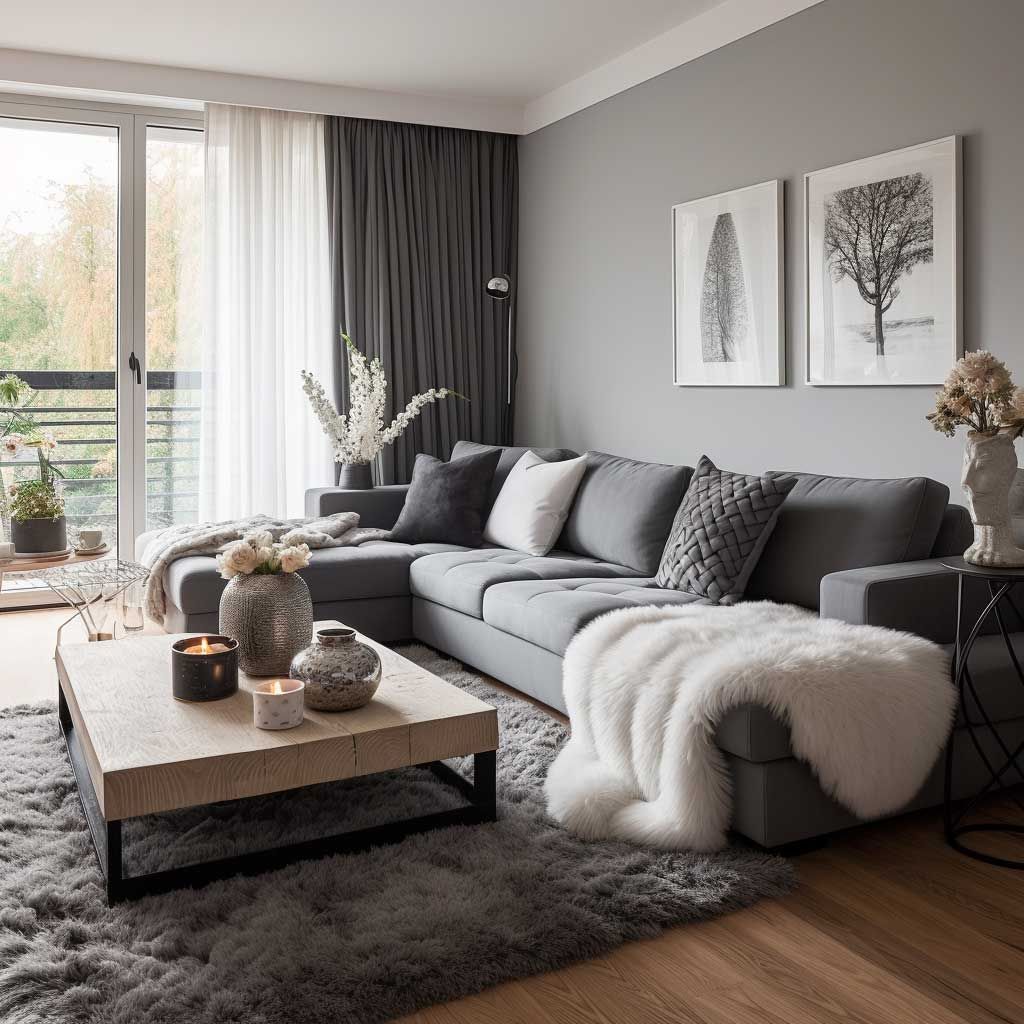 Modern gray living room with an L-shaped sofa, tree wall art, candles on a wooden coffee table, and floor-to-ceiling glass doors with sheer curtains